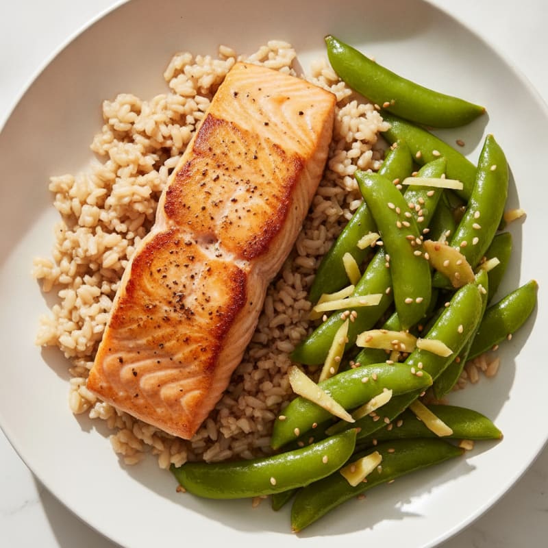 Seared Salmon with Sesame Snap Peas and Brown Rice
