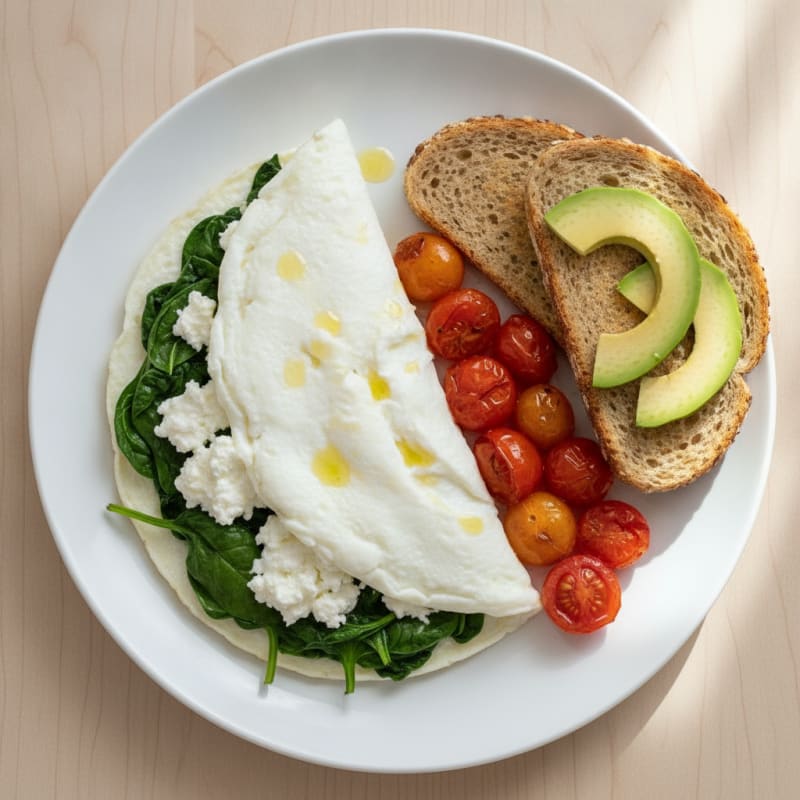 Egg White Spinach Omelet with Cottage Cheese and Cherry Tomatoes