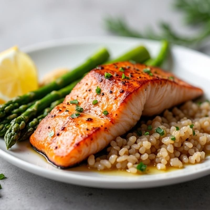 Seared Salmon with Steamed Asparagus and Brown Rice