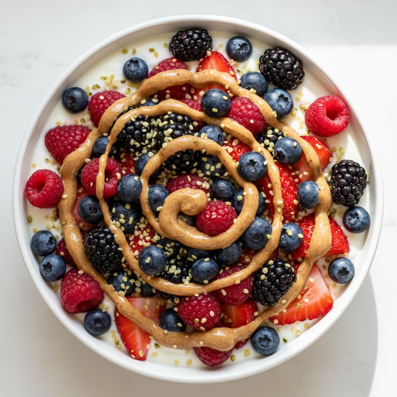 Creamy Greek Yogurt Bowl with Mixed Berries, Almond Butter, and Hemp Seeds