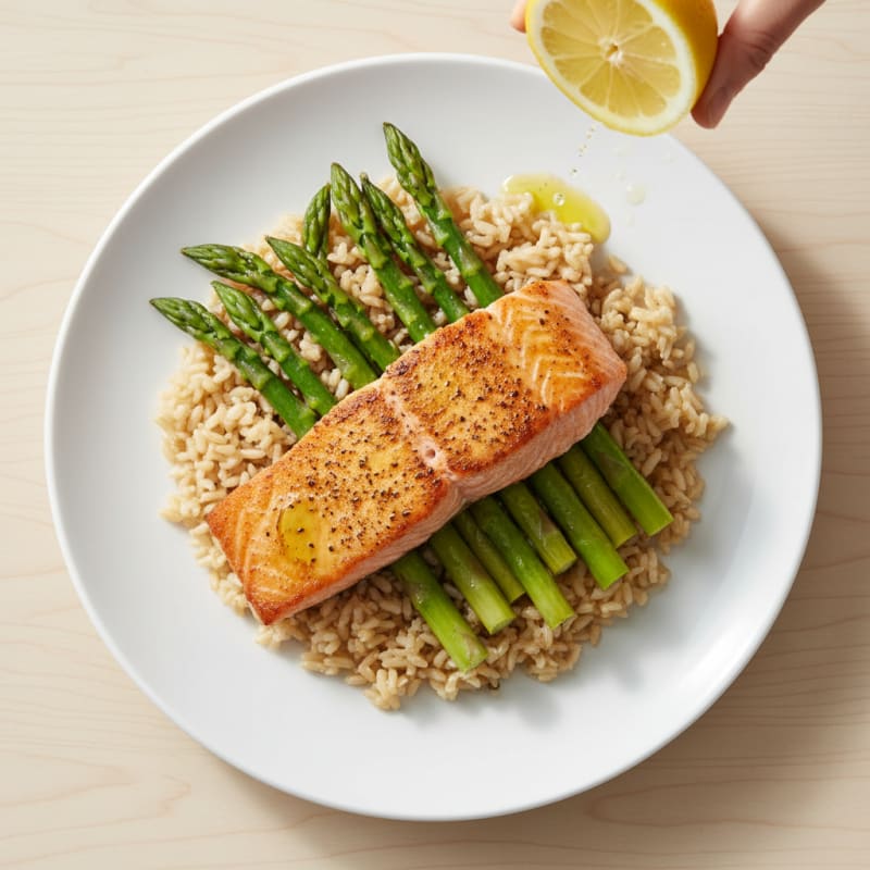 Seared Salmon with Steamed Asparagus and Brown Rice