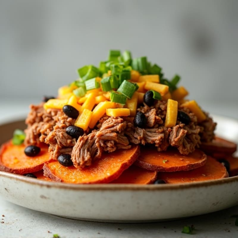 Tender Smoky Pulled Pork with Crispy Sweet Potato Nacho Bake
