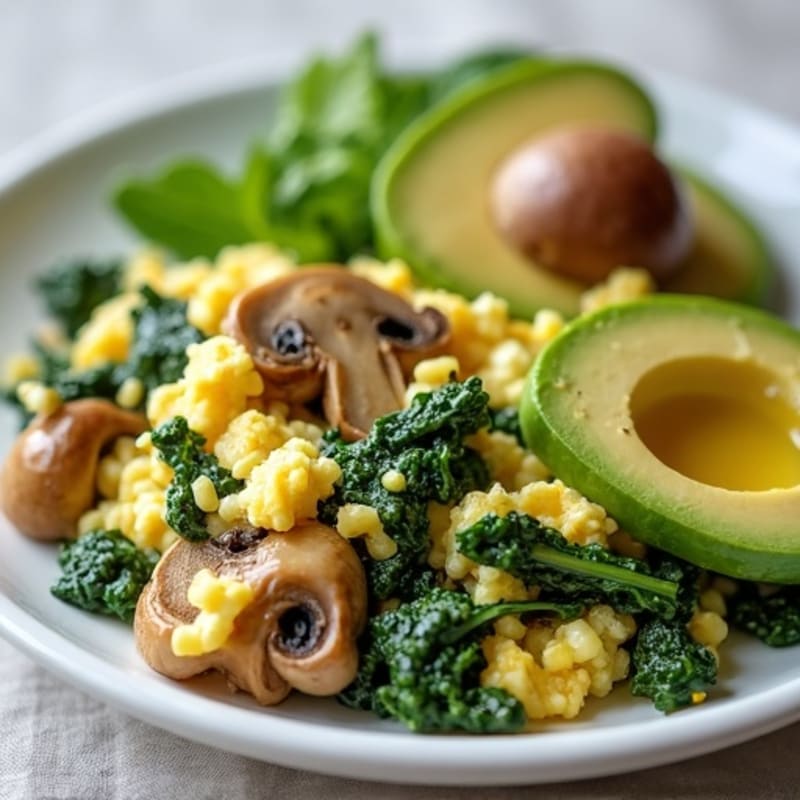 Egg White Spinach Scramble with Sautéed Mushrooms and Avocado