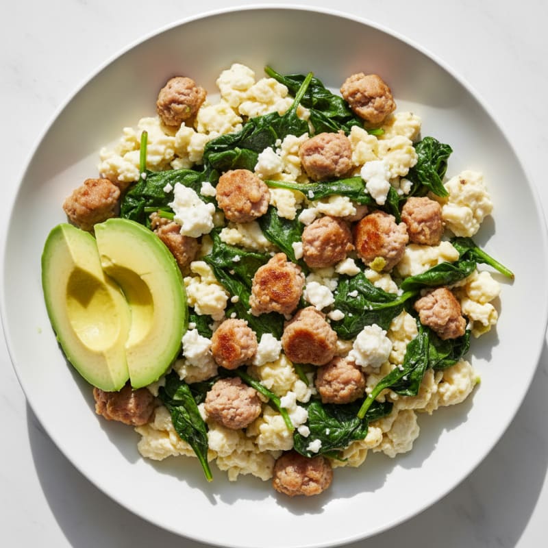 Egg White Scramble with Turkey Sausage and Sautéed Spinach