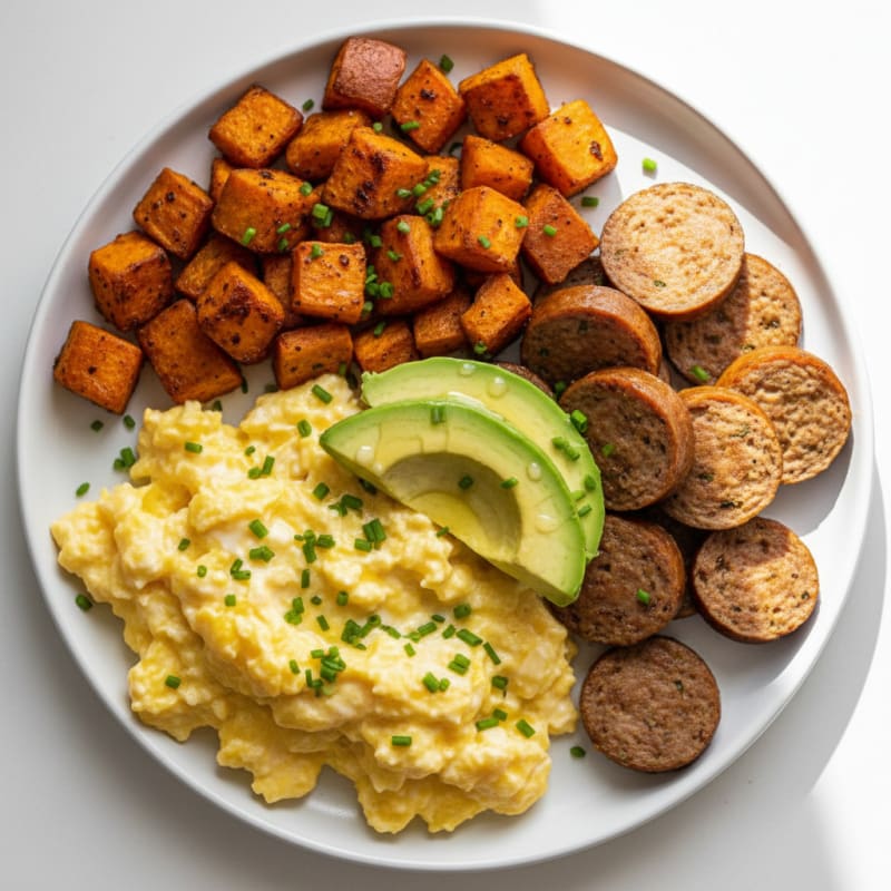 Creamy Scrambled Eggs with Turkey Sausage and Roasted Sweet Potato