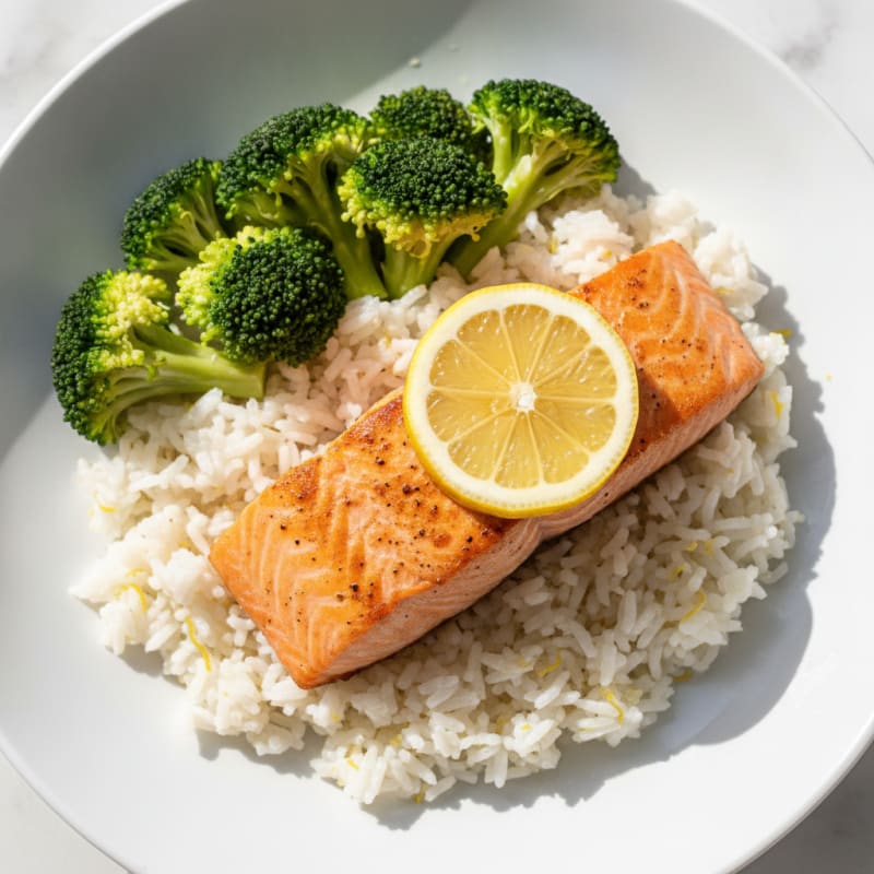 Seared Salmon with Steamed Broccoli and Lemon Rice