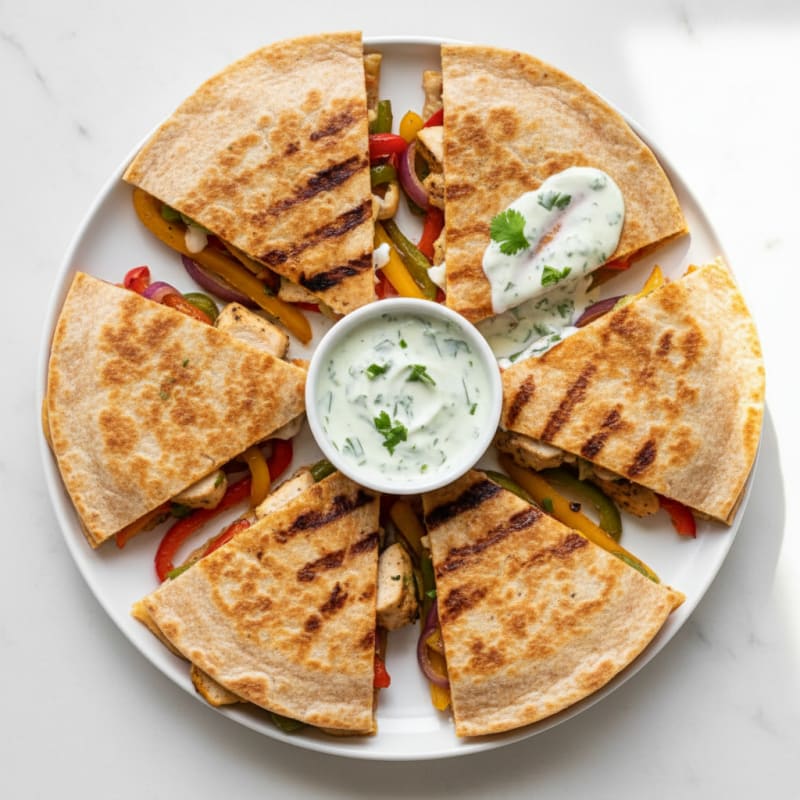 Grilled Chicken and Veggie Quesadilla with Greek Yogurt Dip