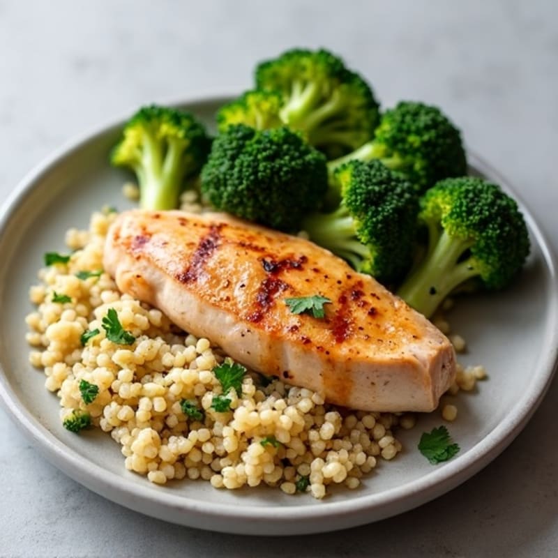 Seared Turkey Breast with Roasted Broccoli and Garlic Quinoa