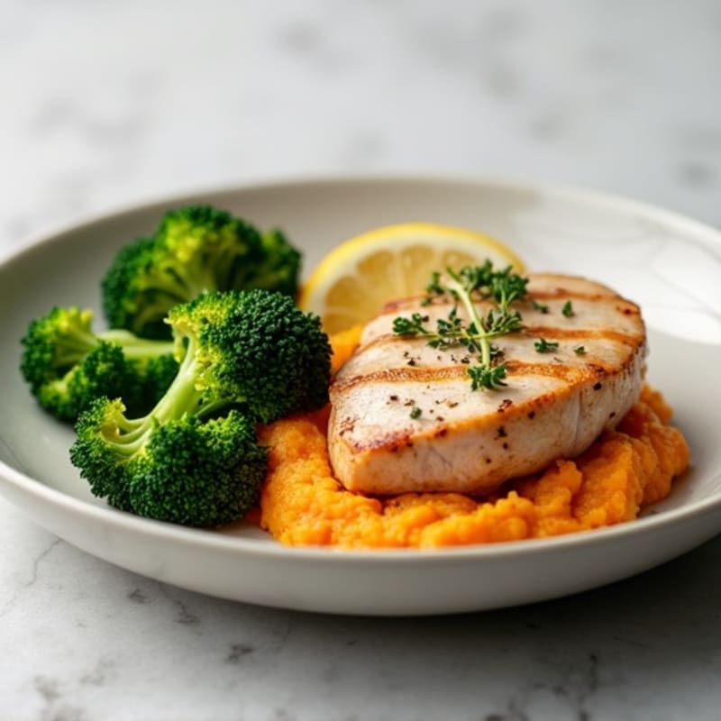 Seared Turkey Breast with Roasted Broccoli and Sweet Potato Mash