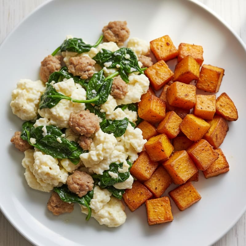 Egg White and Turkey Sausage Scramble with Spinach and Roasted Sweet Potatoes
