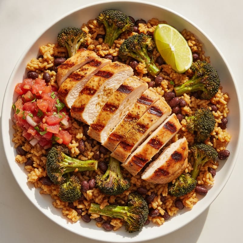 Grilled Chicken Thigh Burrito Bowl with Roasted Broccoli