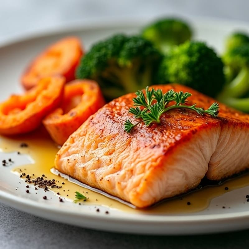 Seared Salmon with Roasted Sweet Potatoes and Broccoli