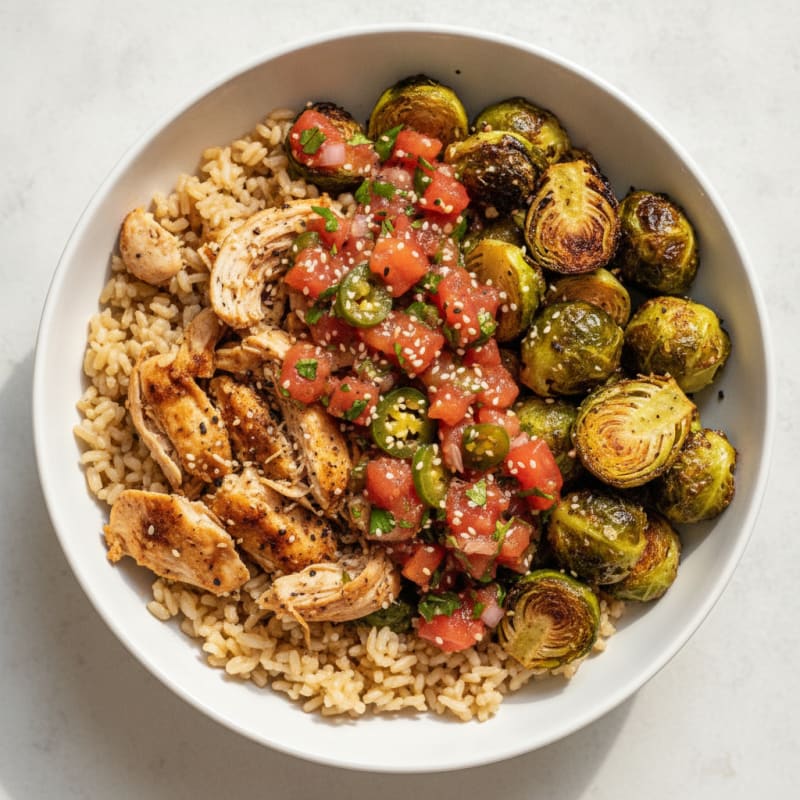 Shredded Chicken Salsa Bowl with Roasted Brussels Sprouts