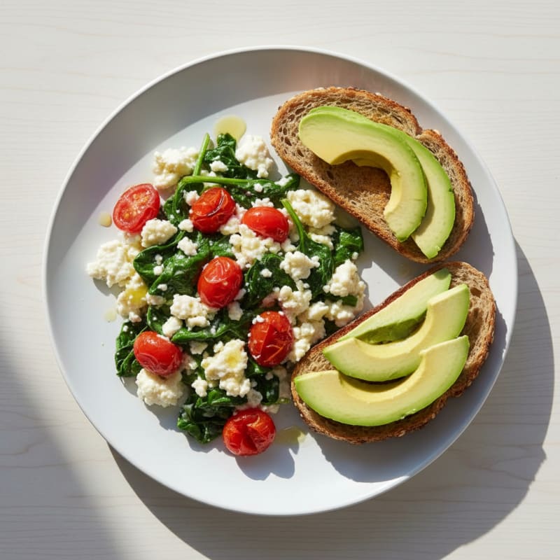 Cottage Cheese Egg White Scramble with Sautéed Spinach and Tomatoes
