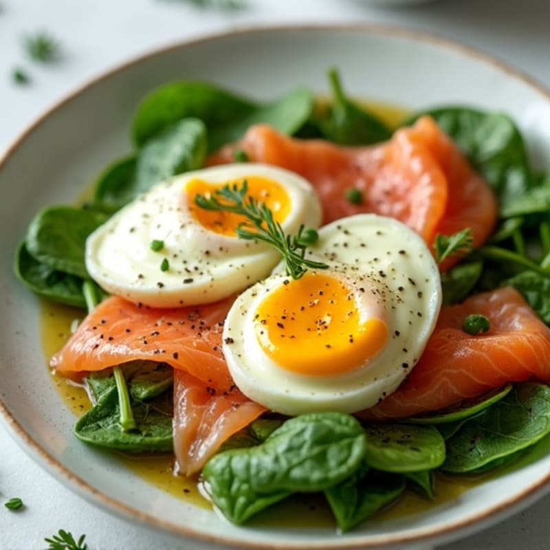 Poached Eggs with Smoked Salmon, Fresh Spinach, and Silky Avocado Crema