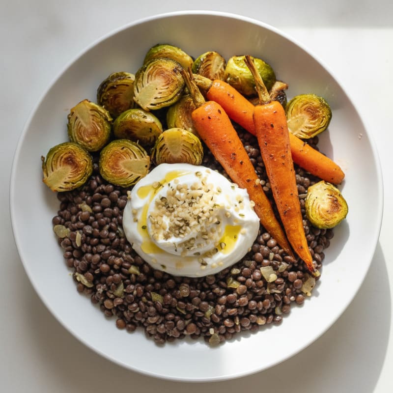 Braised Black Lentils with Roasted Vegetables