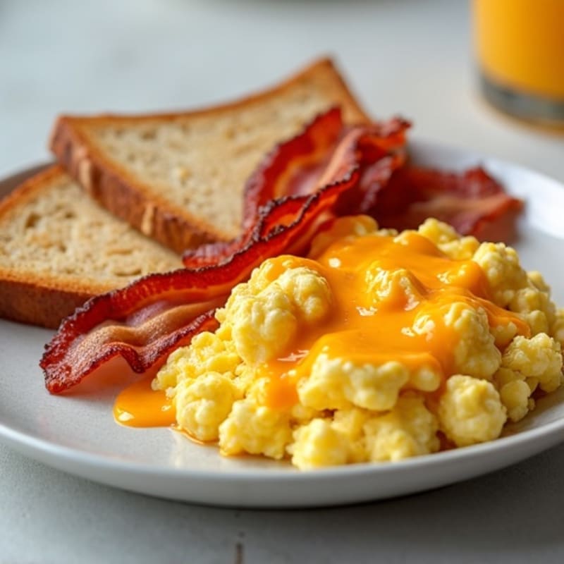 Fluffy Scrambled Eggs with Crispy Lean Bacon, Melted Cheddar, and Toasted Whole Grain Bread