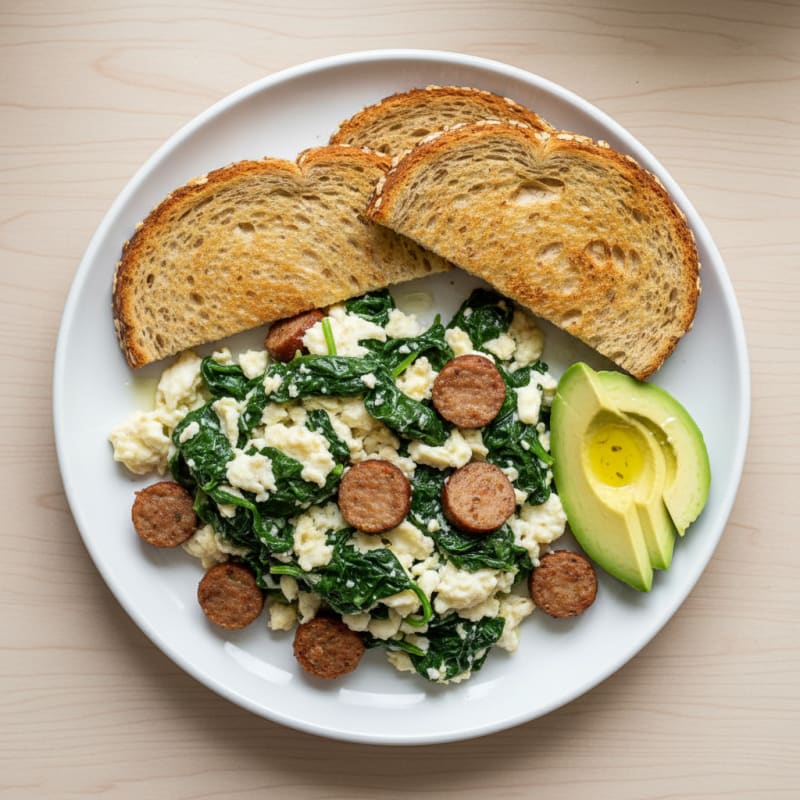 Egg White Spinach Scramble with Turkey Sausage