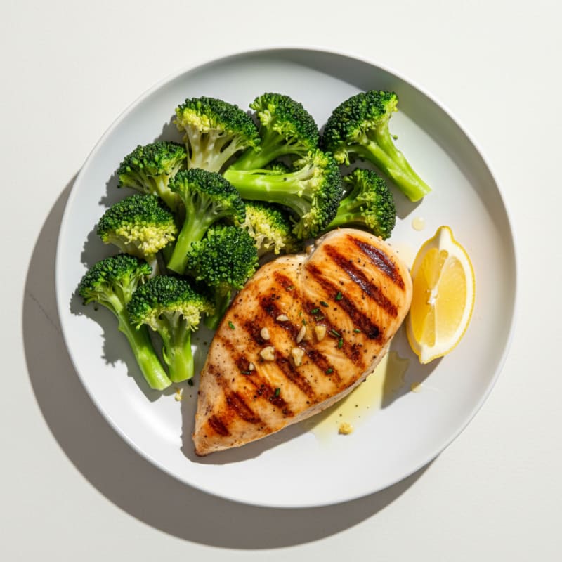 Grilled Chicken Breast with Steamed Broccoli and Lemon
