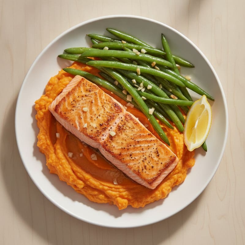 Seared Salmon with Garlic Green Beans and Sweet Potato Mash