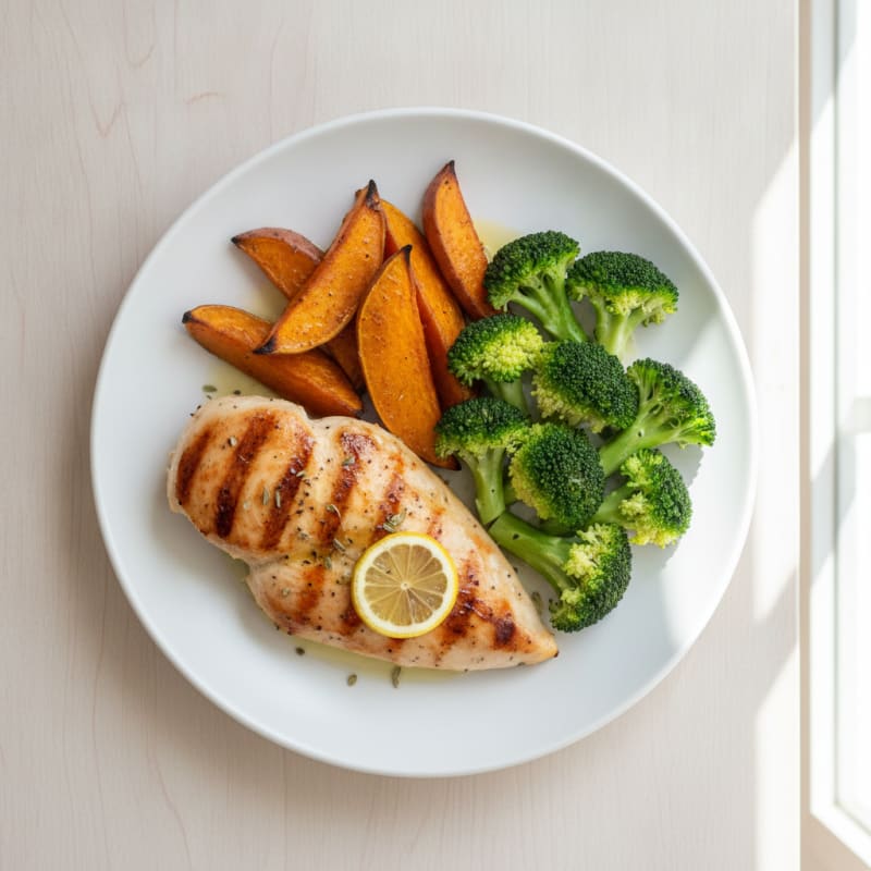 Grilled Chicken Breast with Roasted Sweet Potato and Steamed Broccoli