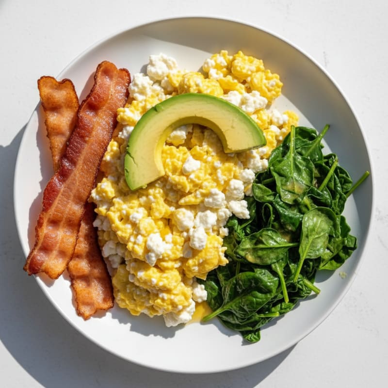 Cottage Cheese and Egg Scramble with Sautéed Spinach and Turkey Bacon
