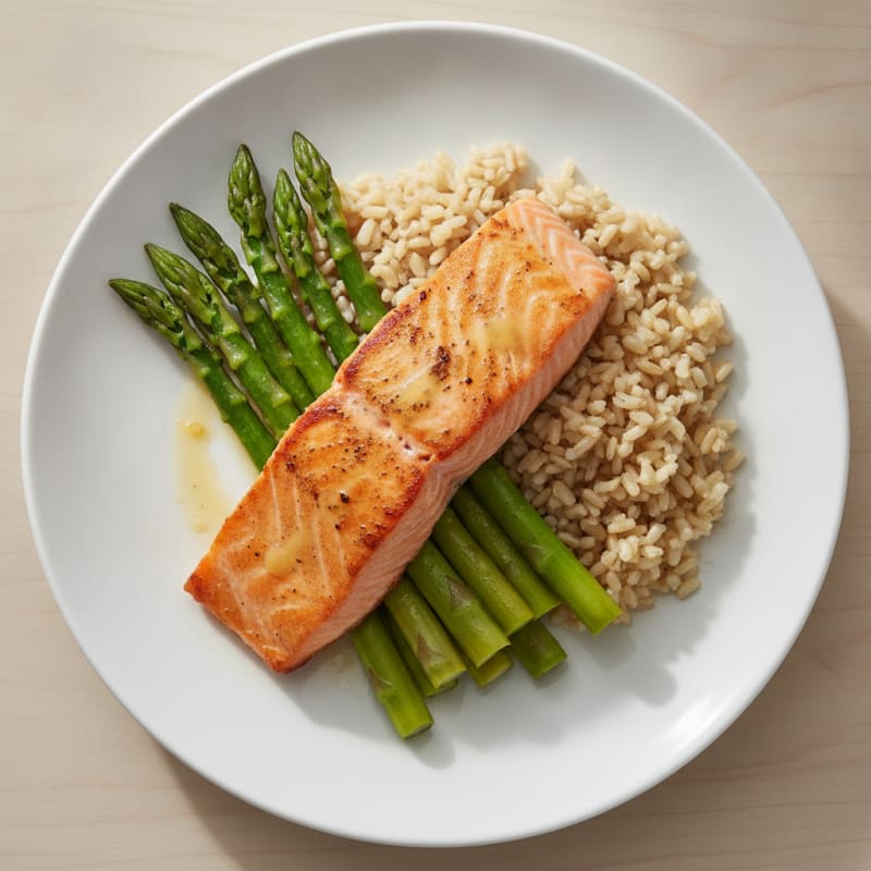 Seared Salmon with Steamed Asparagus and Brown Rice