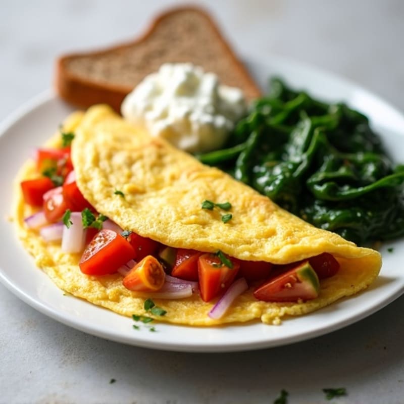 Egg White Veggie Omelette with Cottage Cheese and Sautéed Spinach