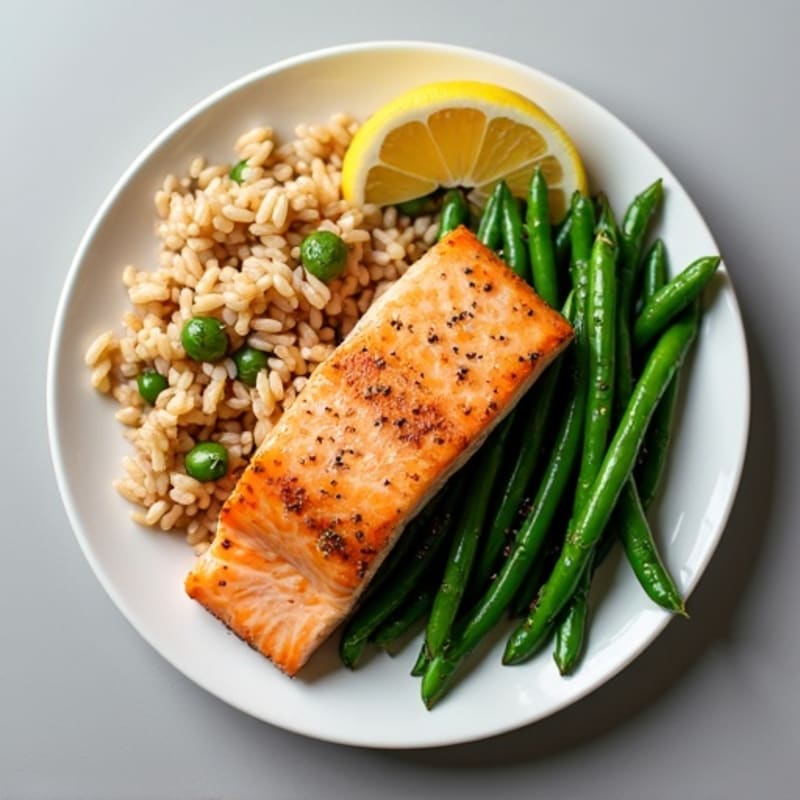 Seared Salmon with Garlic Green Beans and Brown Rice
