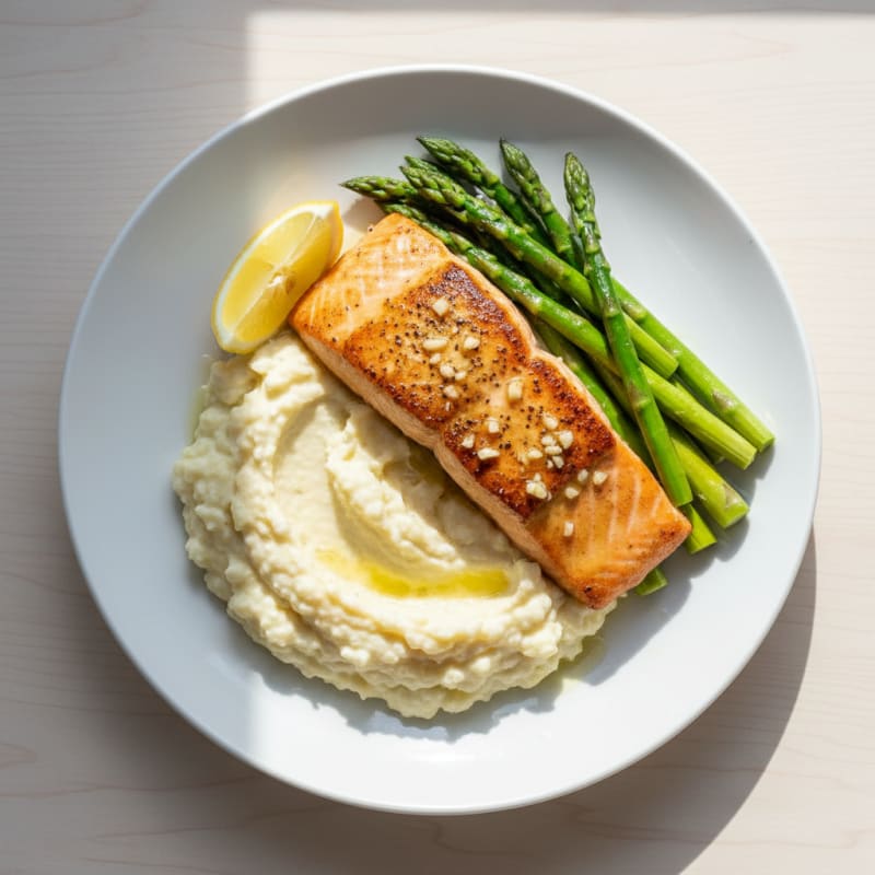 Seared Salmon Fillet with Steamed Asparagus and Cauliflower Mash