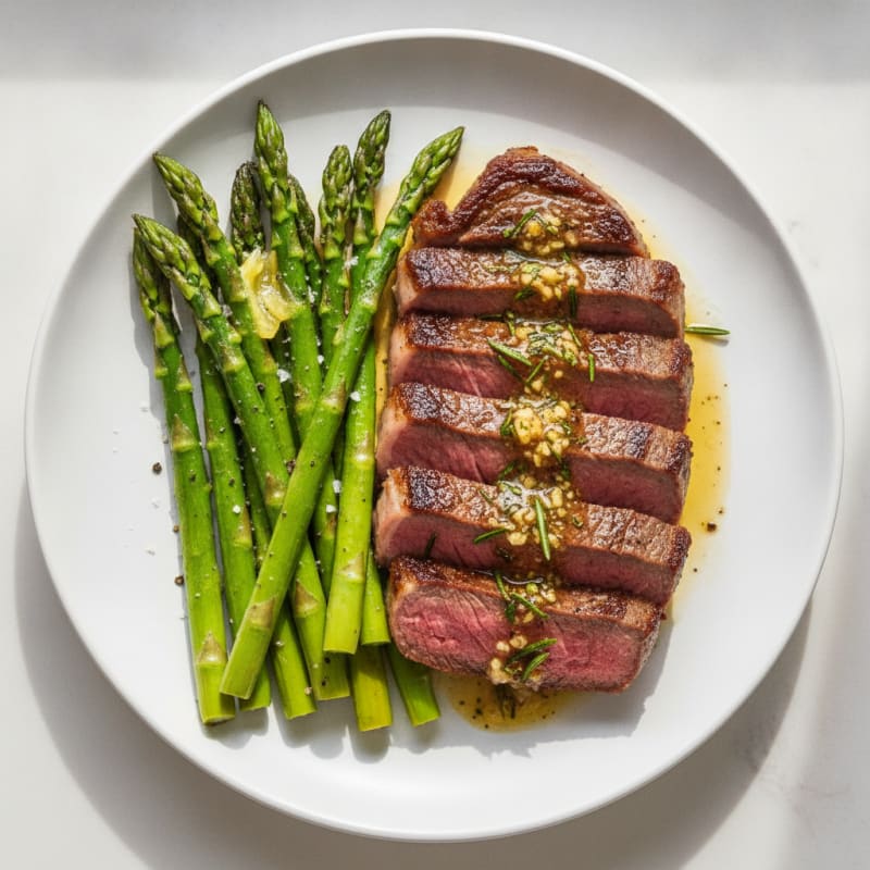 Pan-Seared Sirloin with Garlic-Herb Ghee and Asparagus
