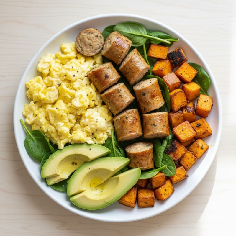 Scrambled Eggs with Chicken Sausage and Roasted Sweet Potatoes