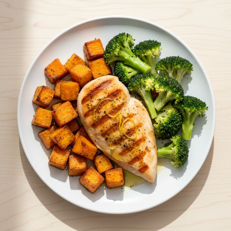 Grilled Chicken Breast with Roasted Sweet Potato and Steamed Broccoli