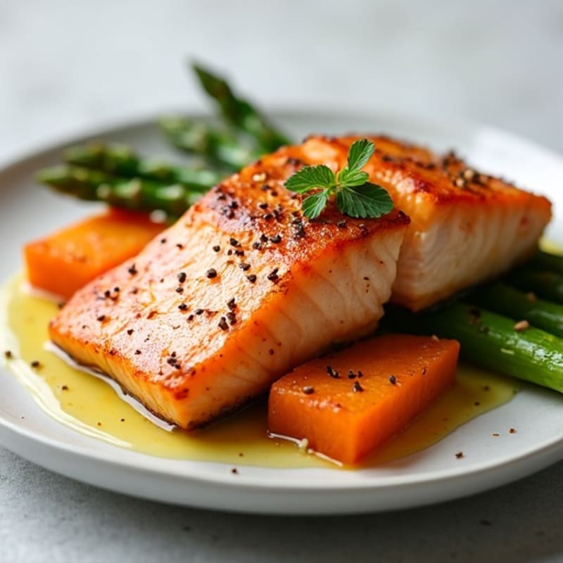 Seared Salmon with Roasted Sweet Potato and Asparagus
