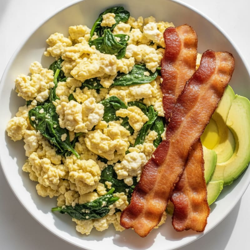 Cottage Cheese Egg Scramble with Spinach and Turkey Bacon