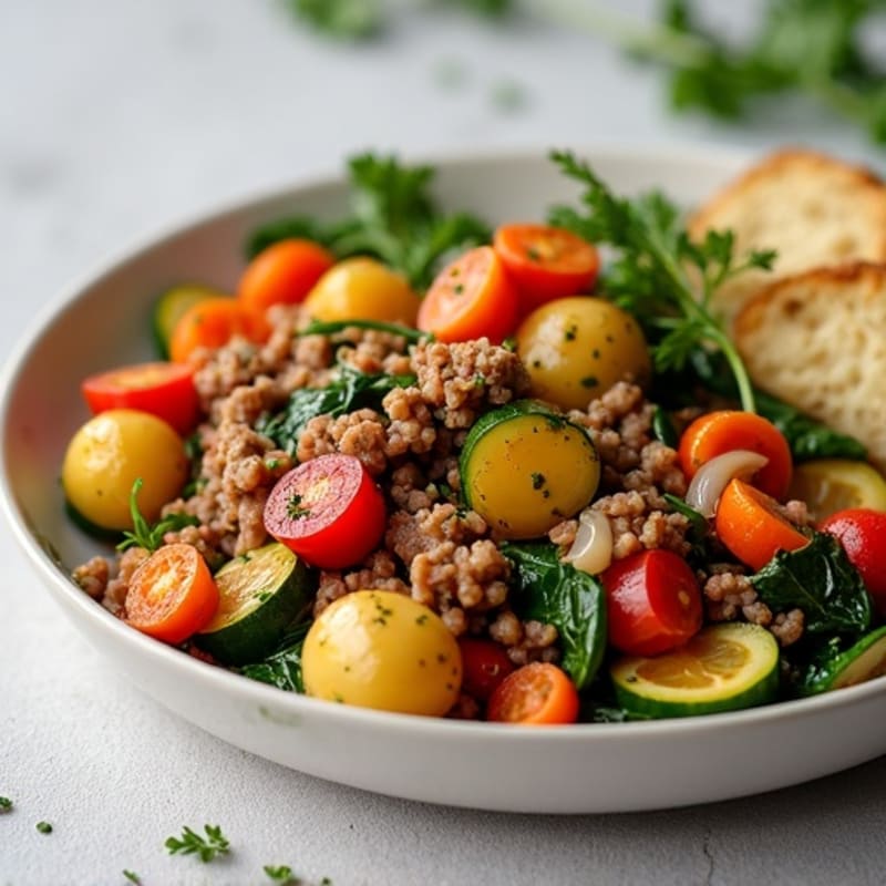 Lean Ground Pork with Savory Braised Vegetables
