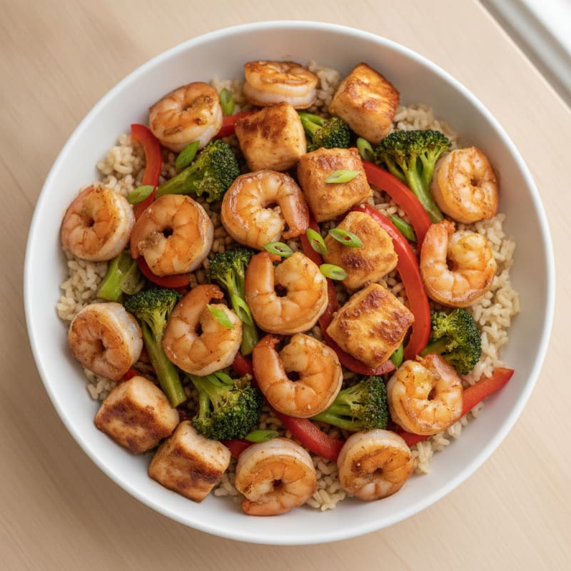Garlic Shrimp and Chicken Rice Bowl