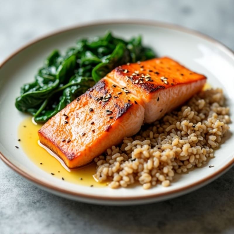 Seared Salmon Fillet with Brown Rice and Sautéed Spinach