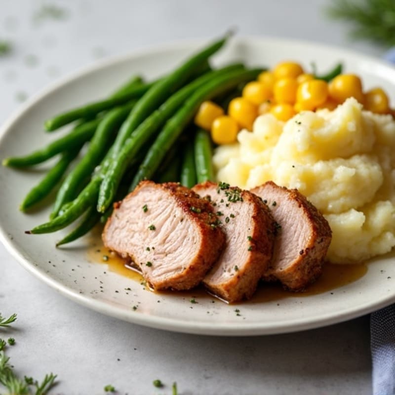 Seared Pork Tenderloin with Garlic Mashed Potatoes and Steamed Green Beans