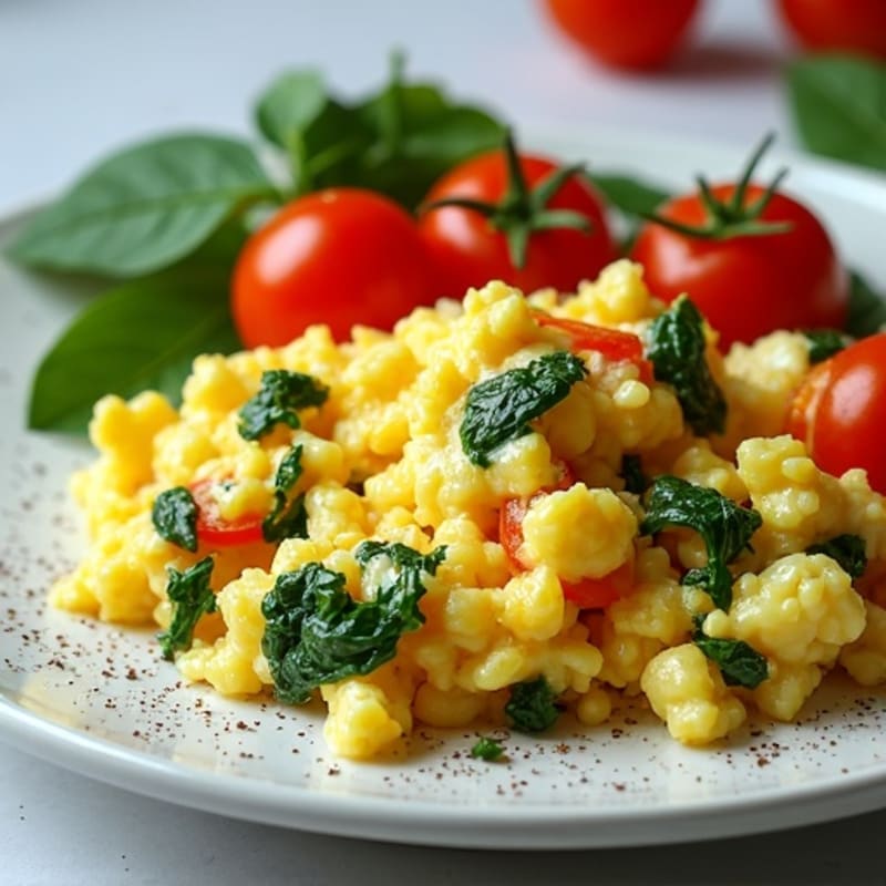 Fluffy Scrambled Eggs with Fresh Spinach and Cherry Tomatoes