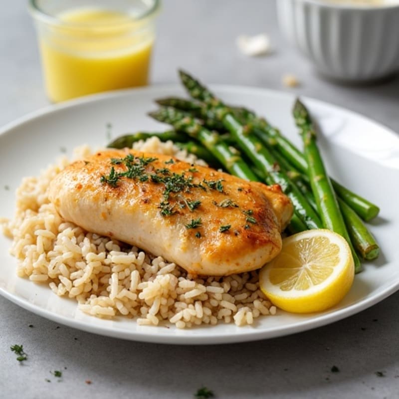 Lemon Herb Roasted Chicken with Fluffy Brown Rice and Crispy Roasted Asparagus