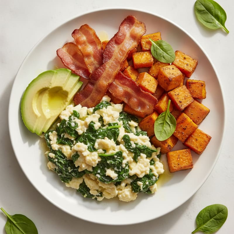 Crispy Turkey Bacon Egg White Scramble with Spinach and Roasted Sweet Potato
