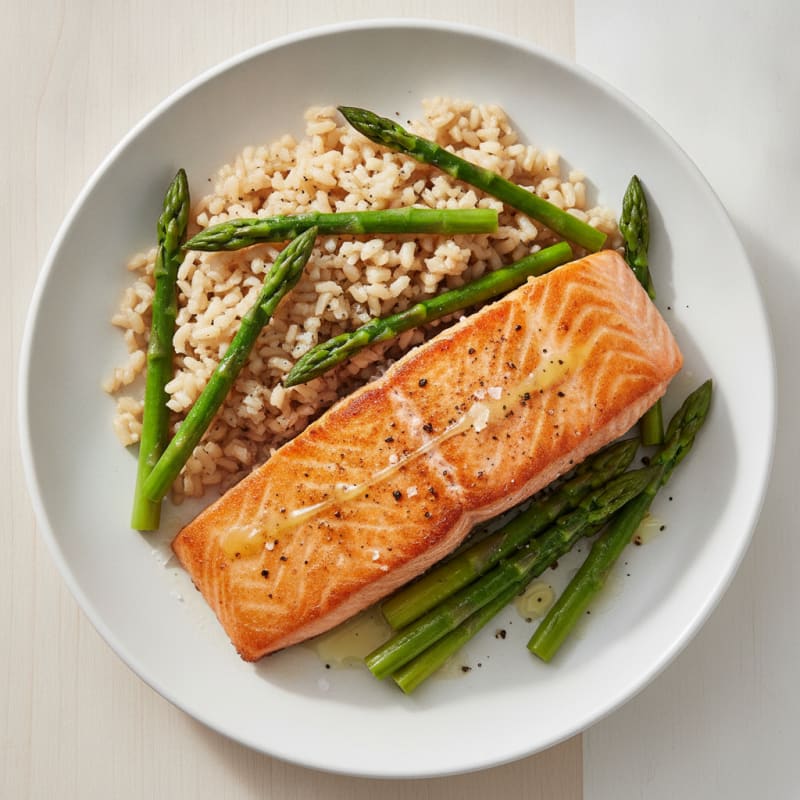 Seared Salmon with Steamed Asparagus and Brown Rice