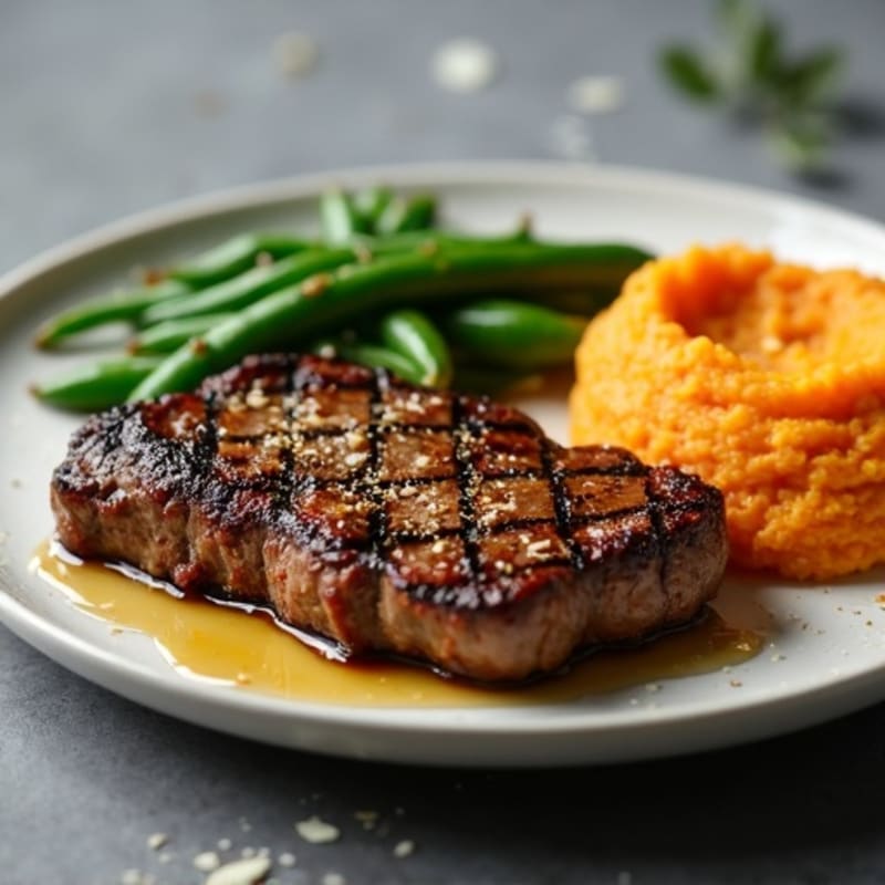 Seared Sirloin Steak with Garlic Green Beans and Sweet Potato Mash