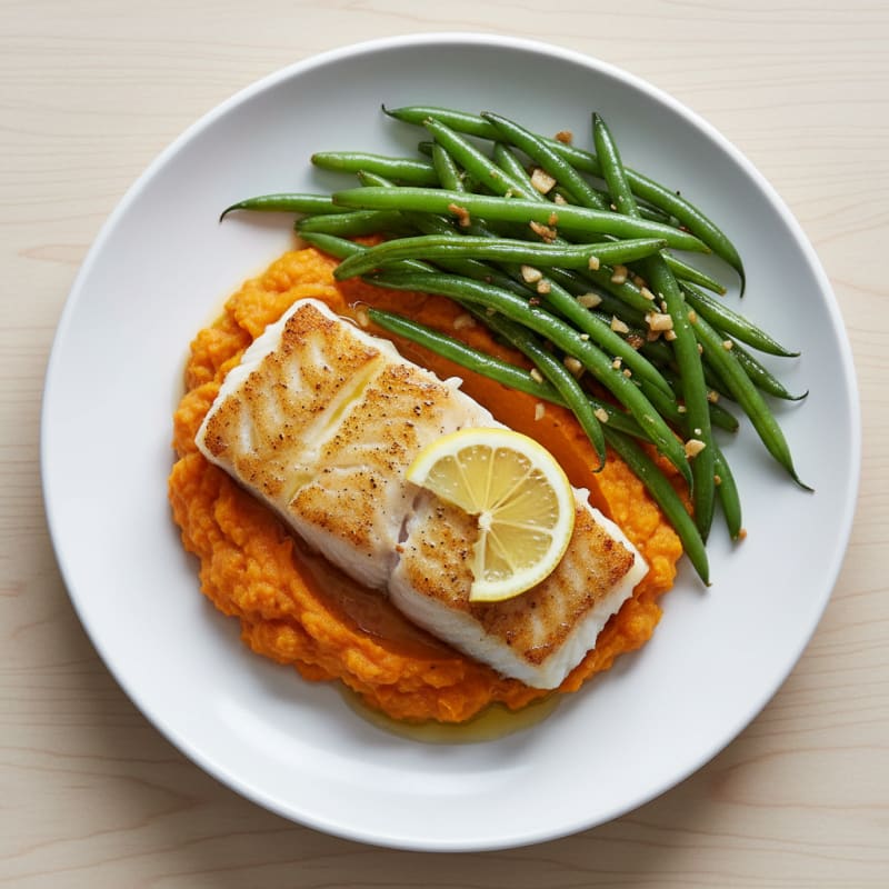 Seared White Fish Fillet with Garlic Green Beans and Sweet Potato Mash