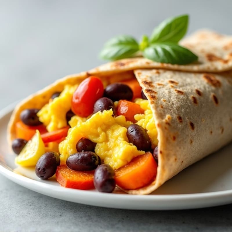 Hearty Scrambled Egg and Black Bean Breakfast Burrito with Roasted Sweet Potatoes