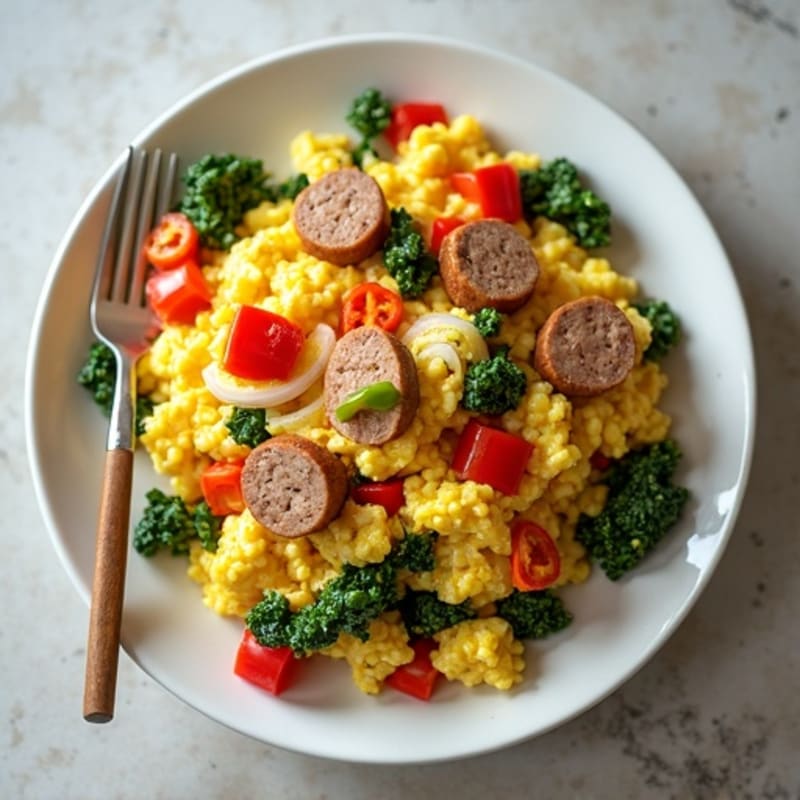 Fluffy Egg and Veggie Scramble with Lean Turkey Sausage