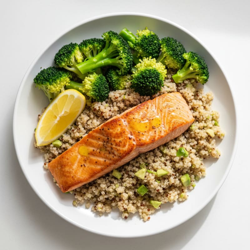 Seared Salmon Fillet with Steamed Broccoli and Quinoa Pilaf