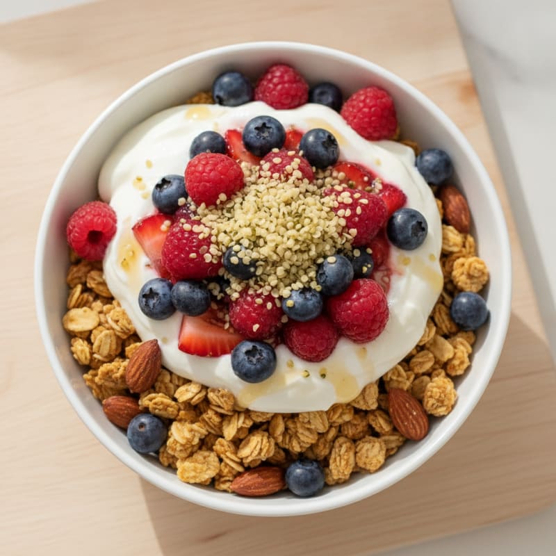 Greek Yogurt Parfait with Crunchy Almond Granola and Mixed Berries