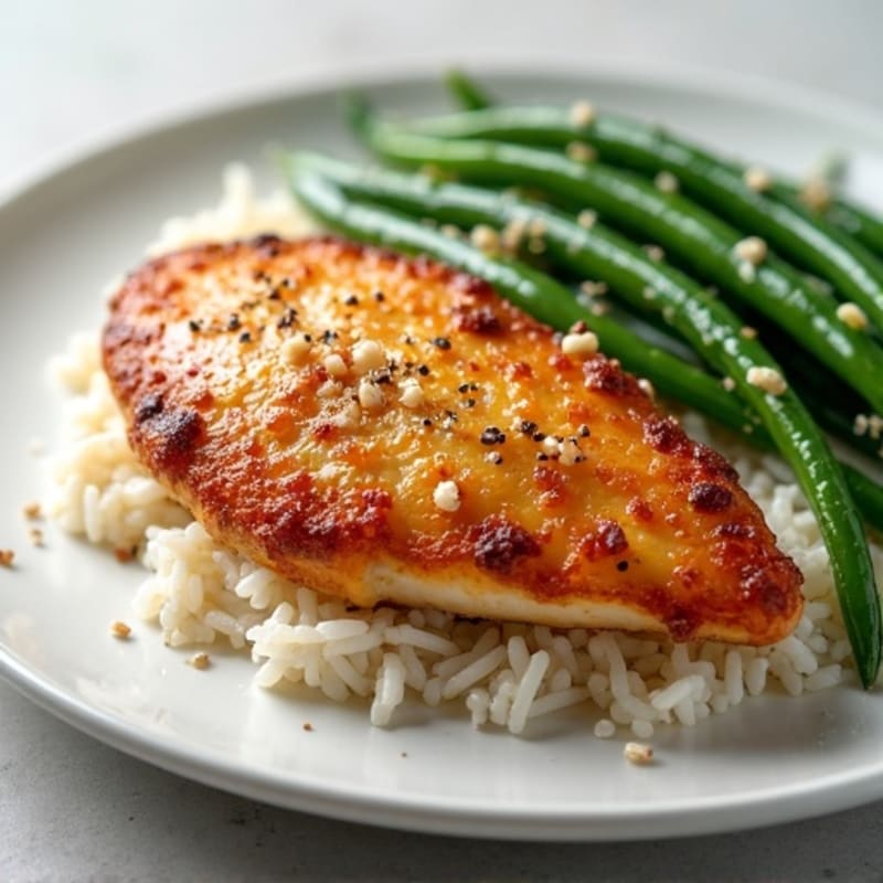 Crispy Pan-Seared Chicken Breast with Fluffy White Rice and Roasted Green Beans